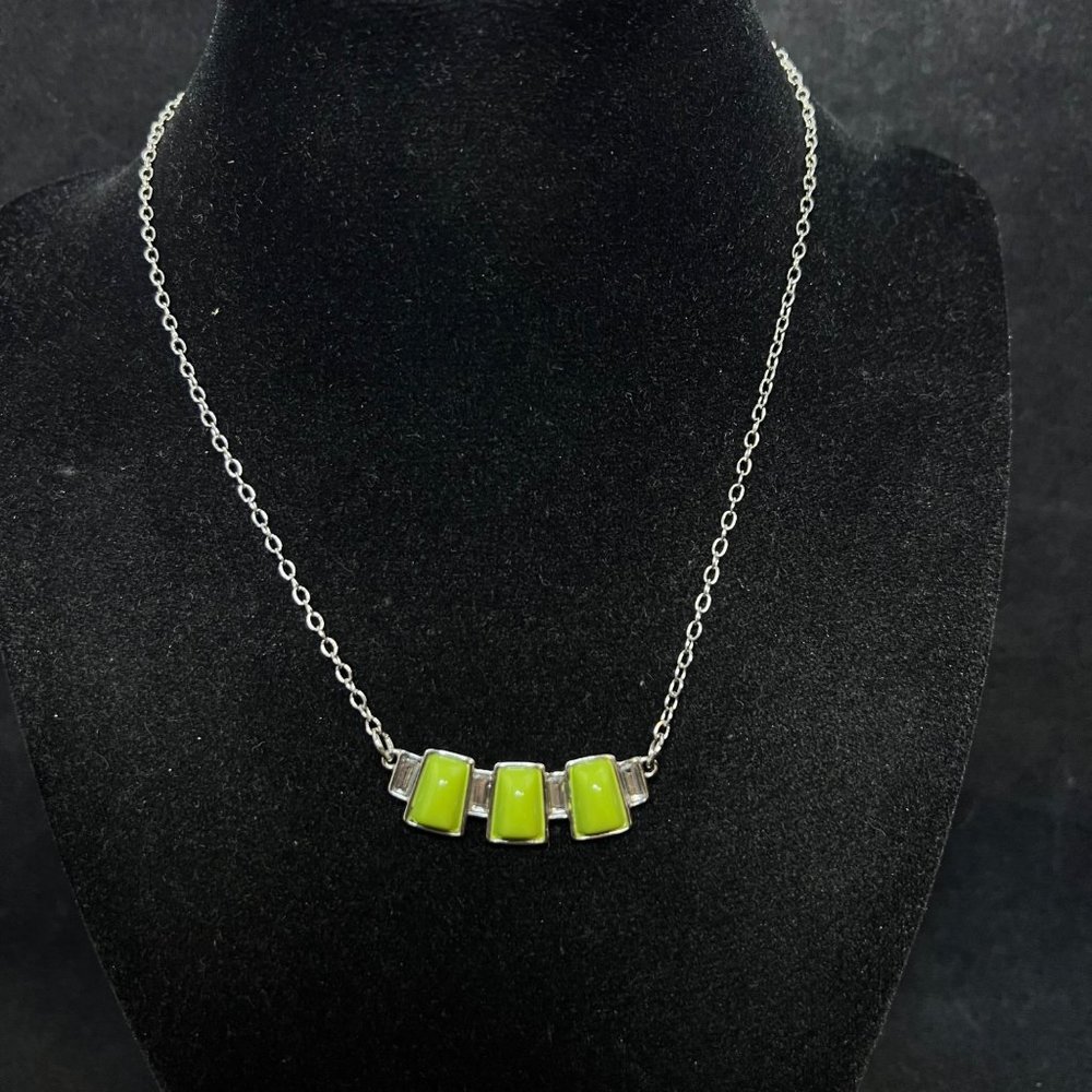 Lia Sophia Silver Tone Cable Chain Necklace With Green Bar Pendant 19" (3685)